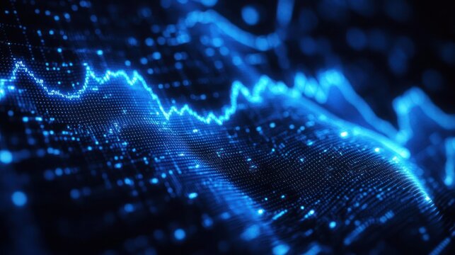 Glowing blue digital wave grid of sparkling data points and undulating waveform conveying futuristic energy and dynamic motion - Powered by Adobe