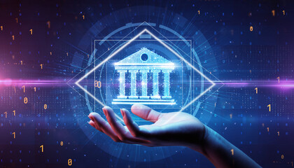 Digital Banking Concept: A luminous bank building hologram floats above a hand, set against a backdrop of binary code and neon lights, symbolizing the future of banking and finance.
