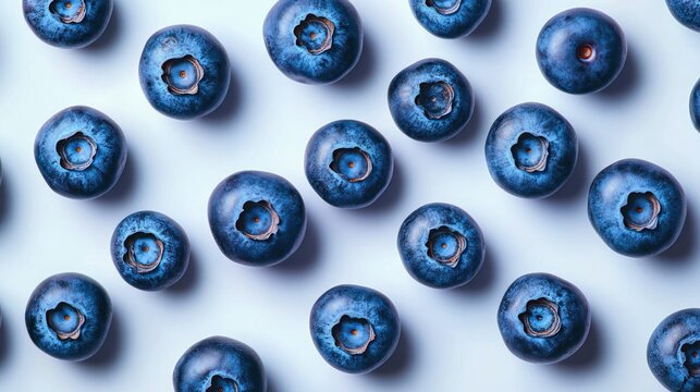 Close-up of fresh blueberries arranged on a pale background, cool minimal composition conveying calm freshness and appetizing simplicity