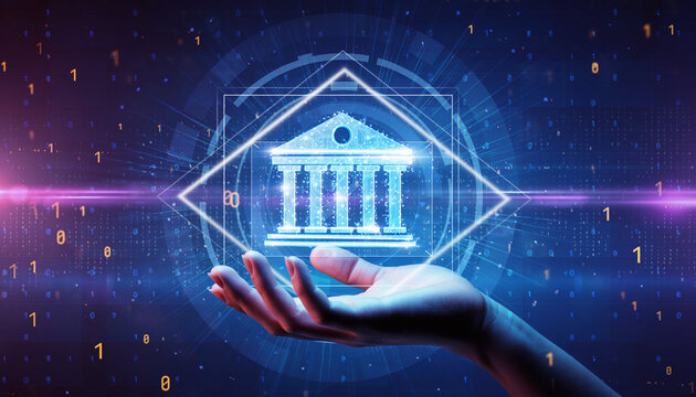 Digital Banking Concept: A luminous bank building hologram floats above a hand, set against a backdrop of binary code and neon lights, symbolizing the future of banking and finance.