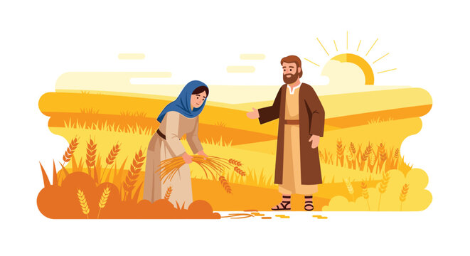 Ruth and Boaz in the Barley Field: A Biblical Story Illustration of Kindness and Redemption, Harvesting Golden Wheat Under the Bright Sun