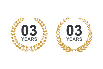 3rd anniversary laurel wreath. 3 year anniversary floral laurel wreath. Anniversary icon or logo with laurel wreath. 3rd year celebration label vector illustration