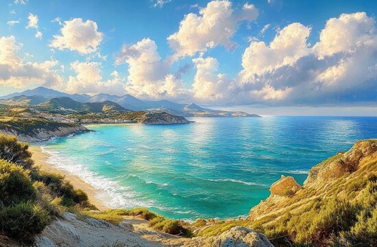 Panoramic sunlit coastal landscape with turquoise sea, sandy beach, rocky cliffs, green hills and distant mountains beneath dramatic fluffy clouds, calm and uplifting mood - Powered by Adobe