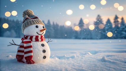 Cute snowman wearing a knitted hat and scarf in snowy winter
