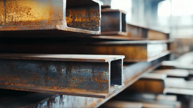 Metal steel beams stacked in a warehouse during daylight hours showing texture and industrial setting