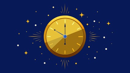 Golden clock face with starbursts and stars against a dark blue night sky
