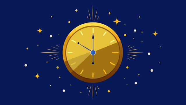 Golden clock face with starbursts and stars against a dark blue night sky - Powered by Adobe