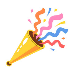 Yellow Party Horn Exploding With Colorful Confetti and Streamers Keywords: party horn, confetti, streamers, celebration, party isolated on a transparent background