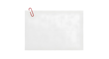 A blank white paper note secured with a red paperclip isolated on transparent background