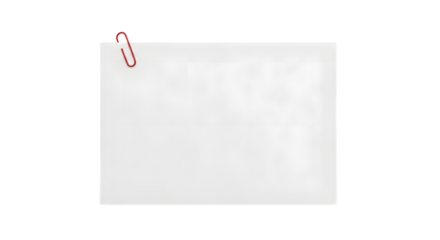 A blank white paper note secured with a red paperclip isolated on transparent background
