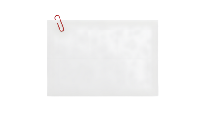 A blank white paper note secured with a red paperclip isolated on transparent background