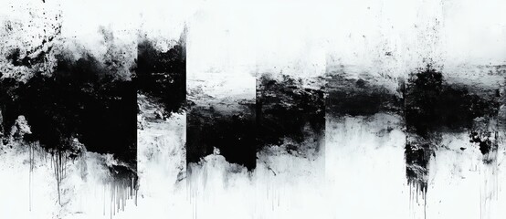 Monochrome abstract panorama of textured black bands and vertical panels with dripping ink and splattered edges, stark contrast evoking a moody, contemplative atmosphere
