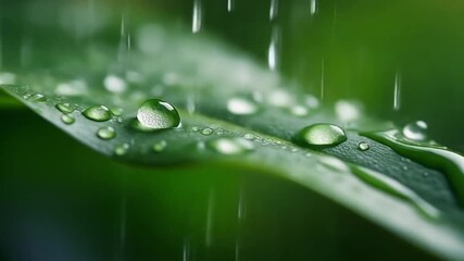 Macro shot of clear water droplets accumulating on a vibrant green leaf surface during a gentle rainfall showing refreshing nature and purity in soft natural light - Powered by Adobe