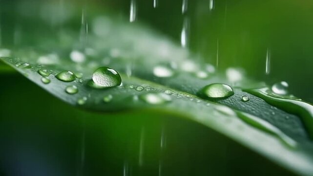 Macro shot of clear water droplets accumulating on a vibrant green leaf surface during a gentle rainfall showing refreshing nature and purity in soft natural light
