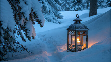 A glowing lantern sits in deep snow next to a fir tree branch
