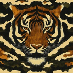 Fototapeta premium Close-up painting of a tiger's face with intense eyes blending into a camouflage pattern background in shades of brown, black, and cream