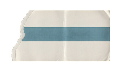 Torn paper with blue stripe and faint text isolated on transparent background