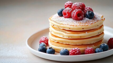 Fluffy stack of golden pancakes topped with raspberries and blueberries dusted with powdered sugar on a white plate, cozy inviting breakfast