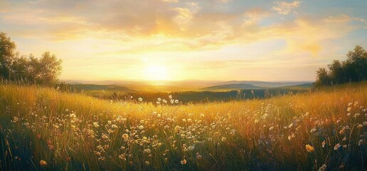 Golden sunlight illuminating a wildflower meadow with tall grass under a partly cloudy sky during sunset with distant hills and trees on the horizon