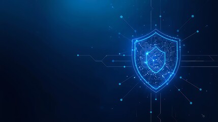 Conceptual illustration of digital security and network protection. A prominent, illuminated shield outline, composed of glowing particles and lines, sits at the center of a complex 