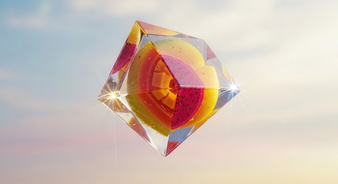 Gemlike geometric object encapsulates colorful tropical fruit slices floating against a soft sky - Powered by Adobe