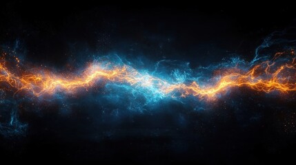 blue and orange lightning-like energy stream across a dark cosmic background with glowing sparks and particles, dramatic intense powerful motion
