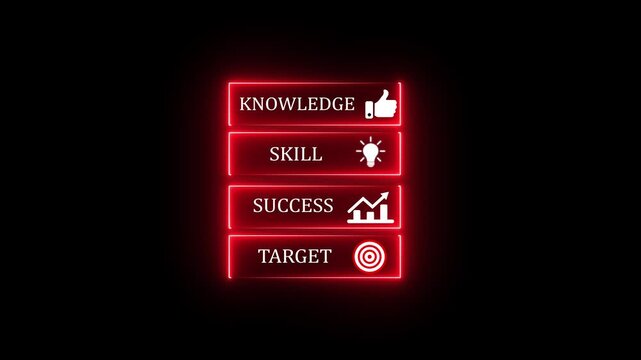 glowing neon Knowledge skill success target infographic design, business strategy growth concept with arrow steps and icons for achievement.4k video animated.