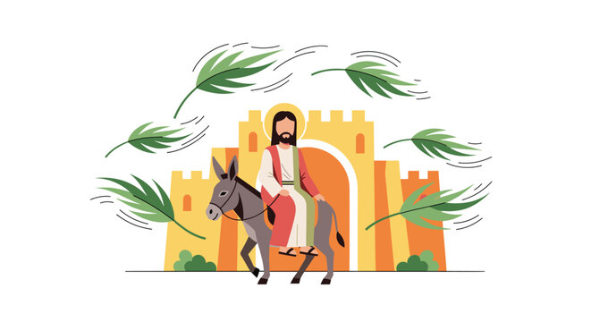 Jesus' Triumphal Entry into Jerusalem Illustration: Palm Sunday Celebration Depiction with Jesus on a Donkey Before the Gates, a Symbol of Palm Sunday.