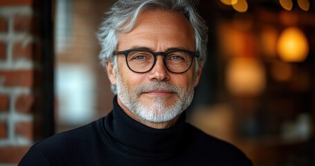 Mature person with gray hair wearing a black turtleneck in a warm cozy interior with exposed brick and soft bokeh lights, calm contemplative mood
