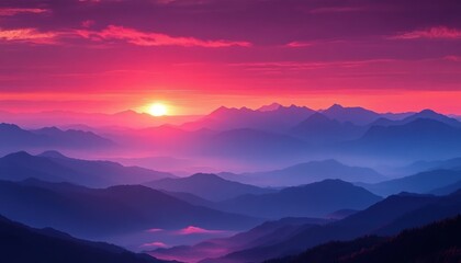 serene sunrise over layered misty mountain ranges with vibrant pink and purple sky, glowing sun and soft clouds evoking peaceful awe