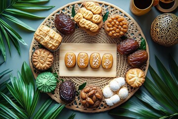 assorted festive pastries, dates and nuts arranged on a woven round placemat with tropical leaves, cups of tea and a carved decorative orb, warm inviting scene