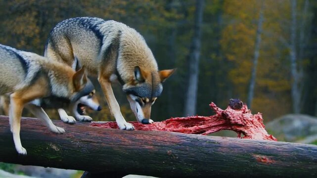 Wild Gray Wolves Pack Feeding on Carcass on Fallen Tree Log in Autumn Forest with Soft Golden Light
