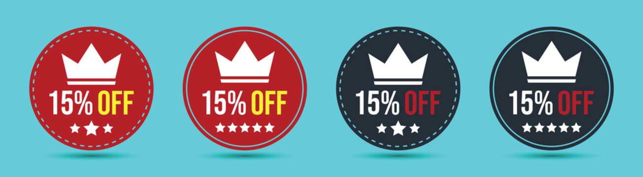 Fifteen Percent Off Round Stickers with Crowns and Stars on Aqua Background