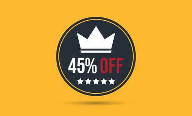 Forty Five Percent Off Sign with Crown and Stars Icon on Yellow Background
