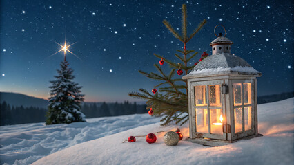Rustic lantern and small christmas tree in snowy winter night