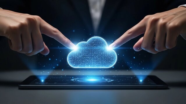 Innovative concept of cloud computing technology for business. A person interacts with a glowing digital data storage icon on a futuristic device