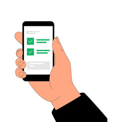 Hand holding a modern smartphone displaying a digital checklist application with successfully completed tasks, symbolizing mobile efficiency and survey completion.