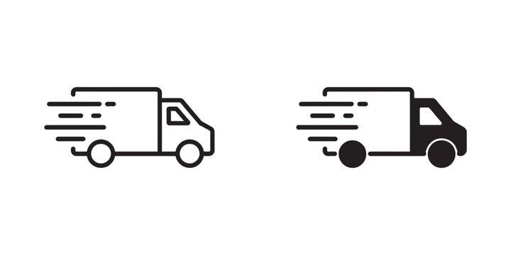 Fast delivery truck outline and solid filled icon set representing quick shipping, express courier service, and efficient logistics transportation