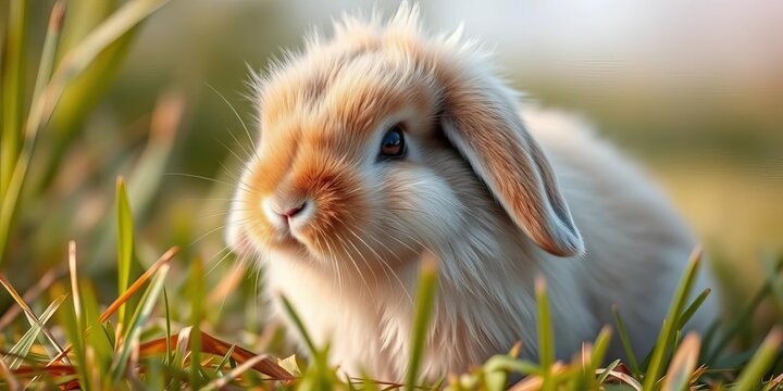 Fluffy lop-eared bunny with long whiskers, sitting in soft grass,  brown,  happy