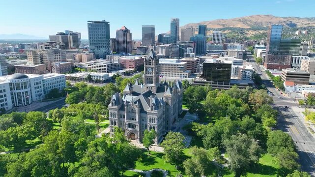 Aerial Salt Lake City and County Building Utah Skyline Orbit