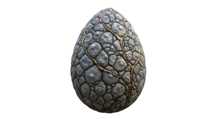 A cracked and ancient stone egg with golden veins, isolated on a transparent background, symbolizing fantasy and mystery
