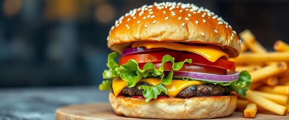 Juicy burger with sesame seed bun, lettuce, tomato, onion, and cheese, cheese, cartoon