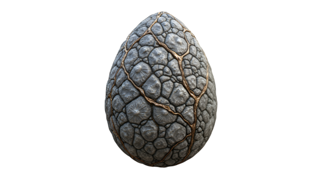 A cracked and ancient stone egg with golden veins, isolated on a transparent background, symbolizing fantasy and mystery
