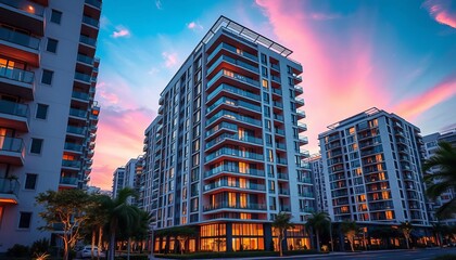 Obraz premium Modern luxury apartment building exterior at sunset, evening, concrete