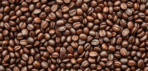 Fototapeta premium Rich brown coffee beans fill frame, close-up texture, plant, grain