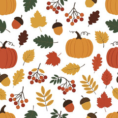 Autumnal Pattern with Pumpkins, Leaves, and Berries.