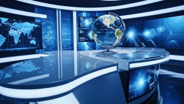 Modern Futuristic News Studio With Globe and World Map Screens Broadcast Set - Powered by Adobe