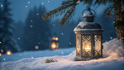 A glowing vintage lantern sits in the deep snow during a winter night