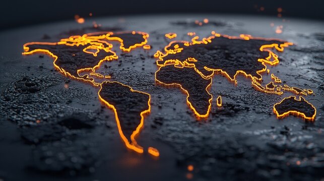 Digital Tech Inspired World Map A world map with glowing contours and pulsating nodes, representing global data centers, cloud computing, and digital information flow. - Powered by Adobe