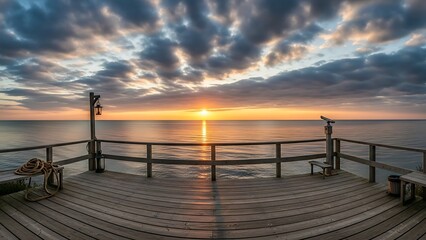 Obraz premium Serene Sunrise Over the Ocean Captivating View From a Wooden Dock Under a Dramatic Sky
